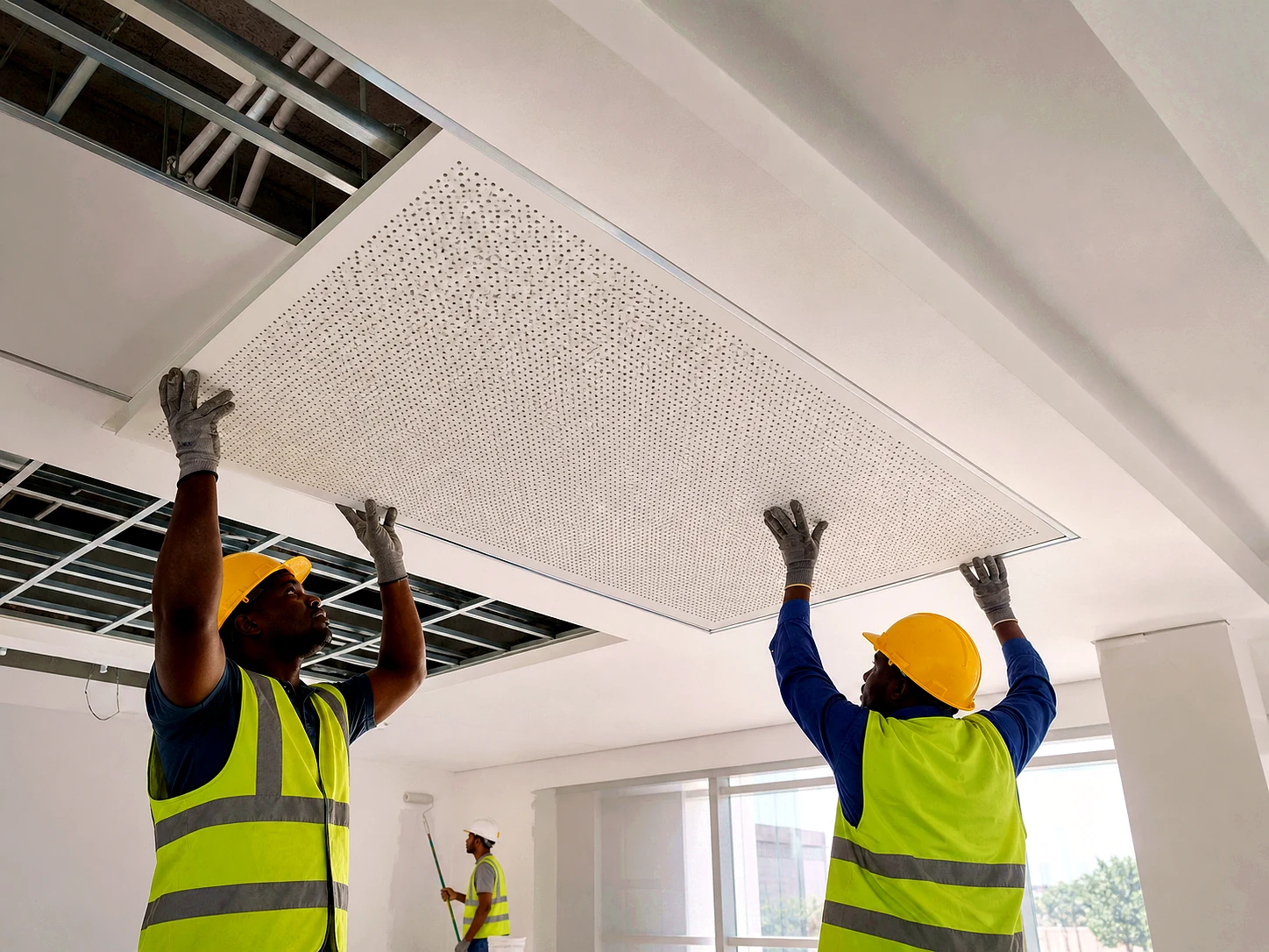 Workers installing a perforated ceiling panel