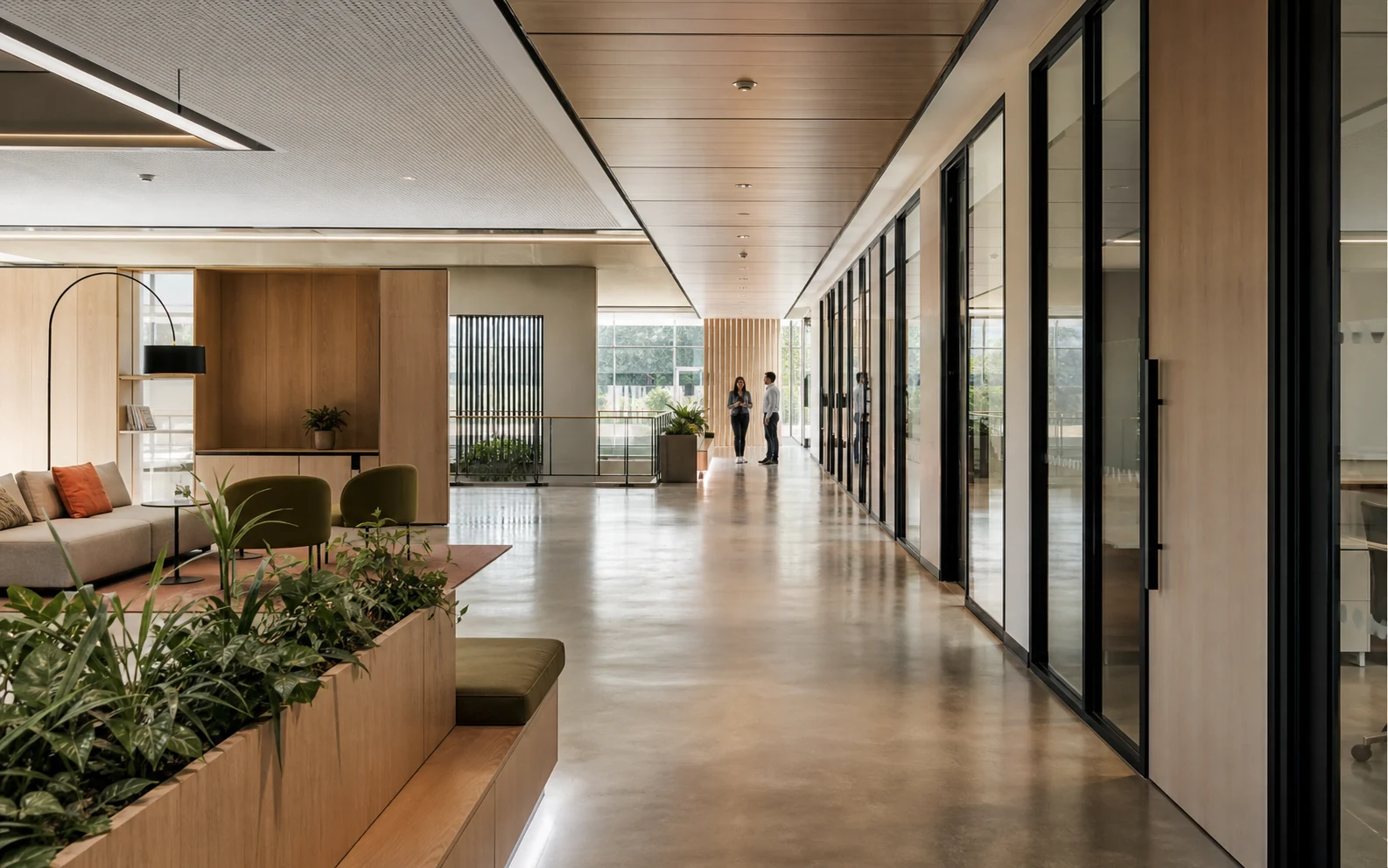 Completed contemporary commercial interior with coordinated ceilings, partitions, and joinery