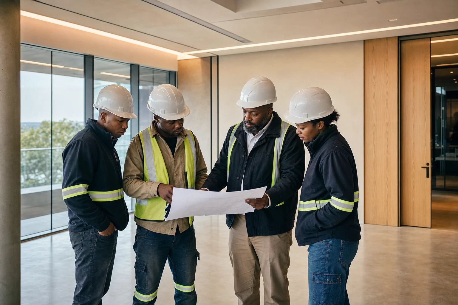 South African construction team reviewing completed commercial interior work
