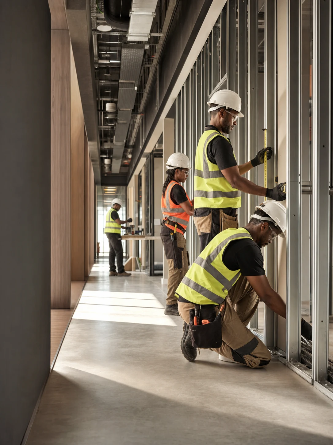 Professional construction team measuring and installing commercial interior partitions