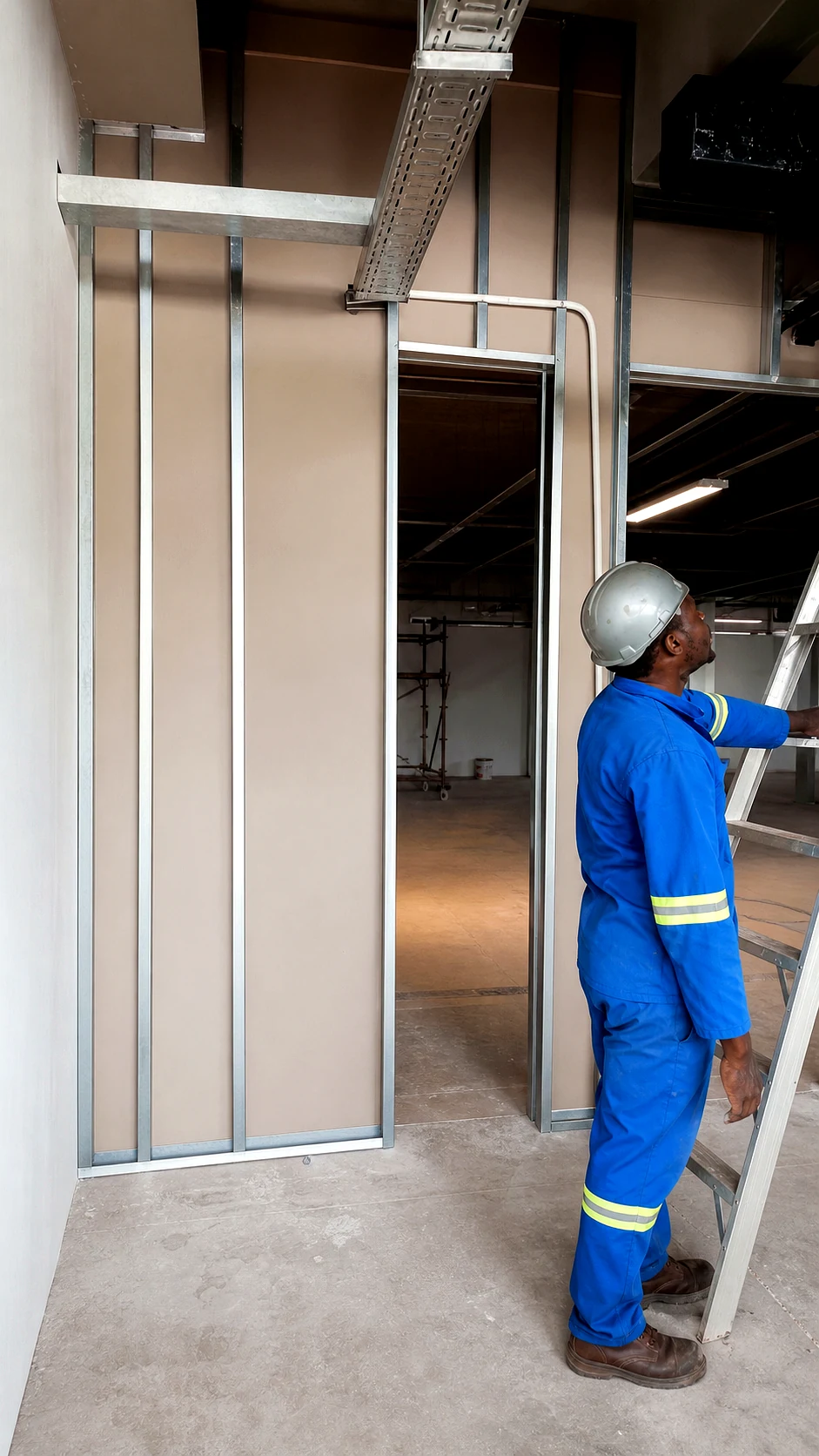 Worker inspecting a door frame and internal wall installation