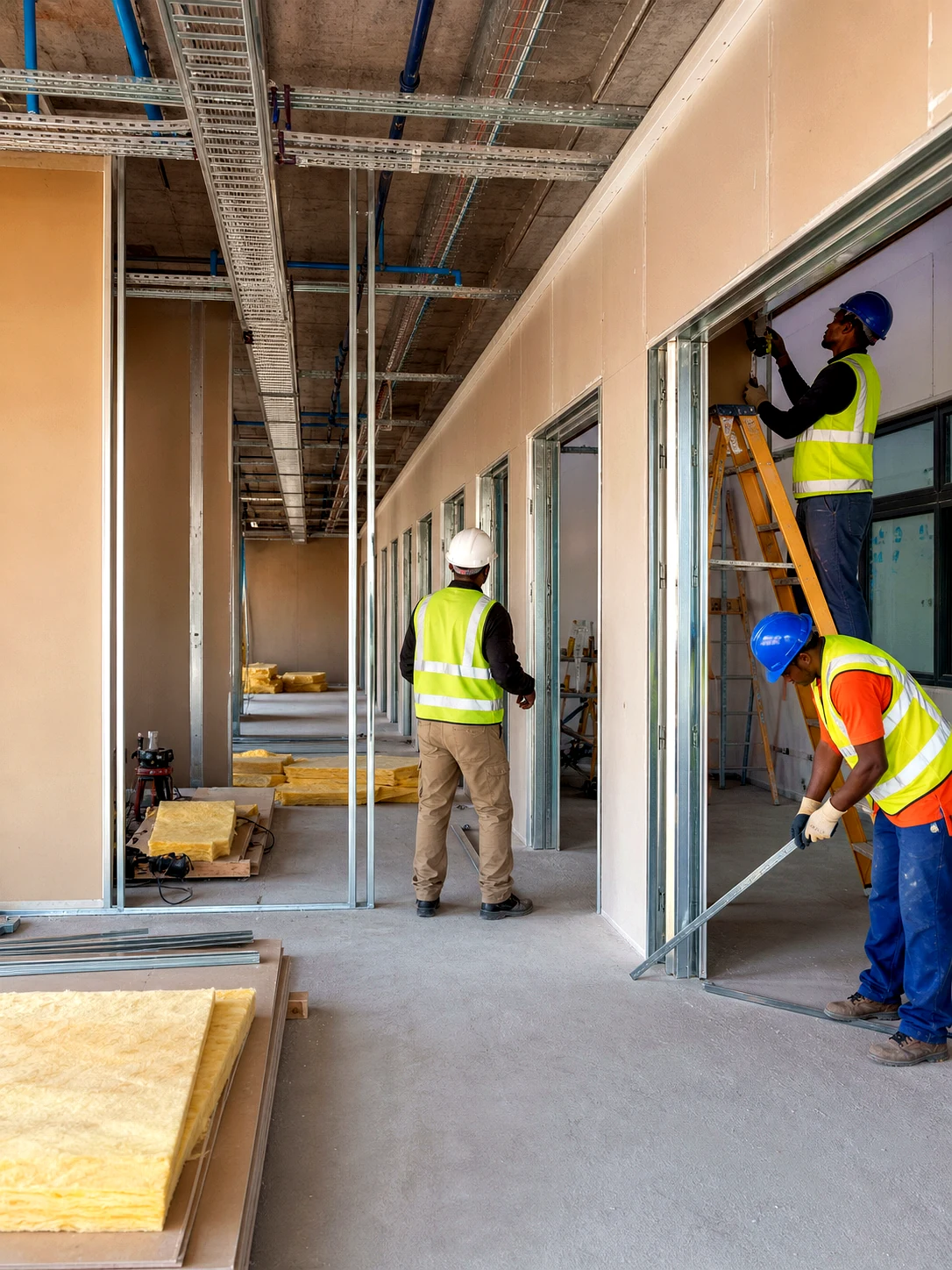 Construction team working together on an interior installation