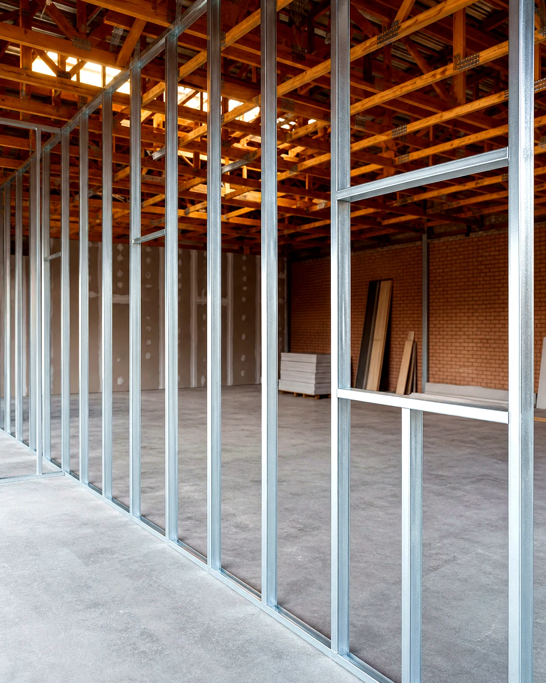 Metal-stud partition framing under construction