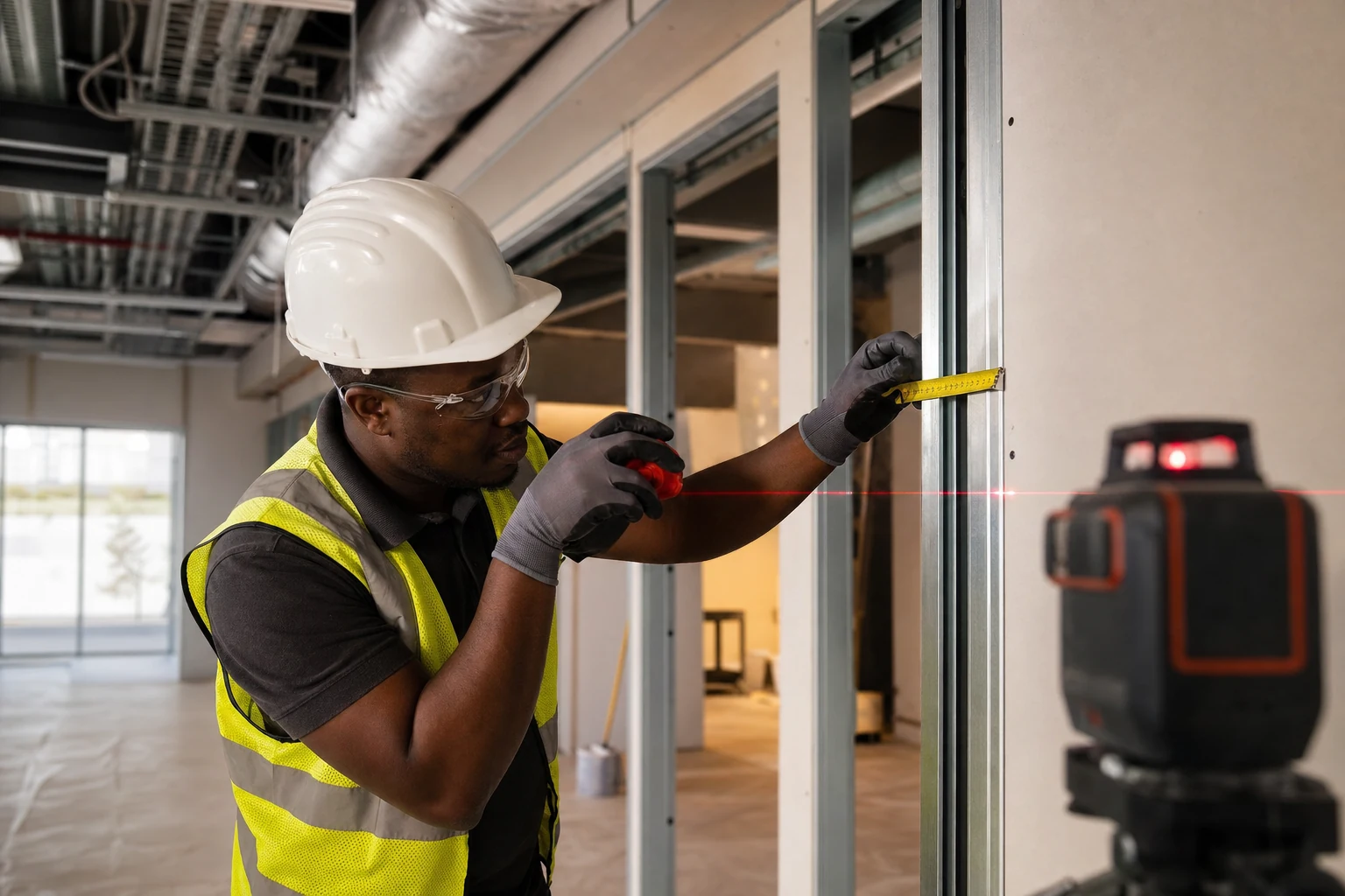 Construction professional checking a partition frame with a laser level