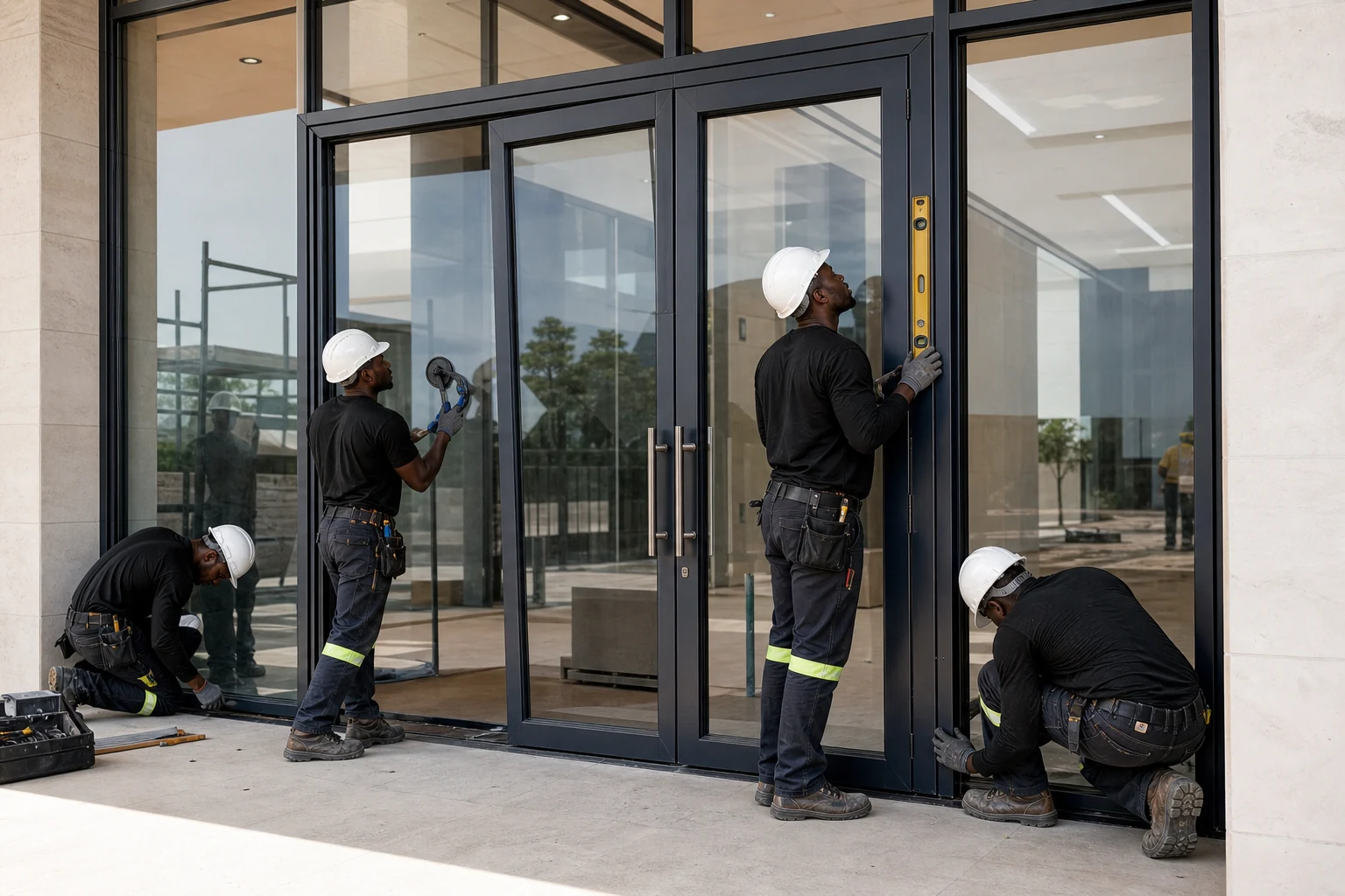 Professional glazing team installing aluminium shopfront doors and windows