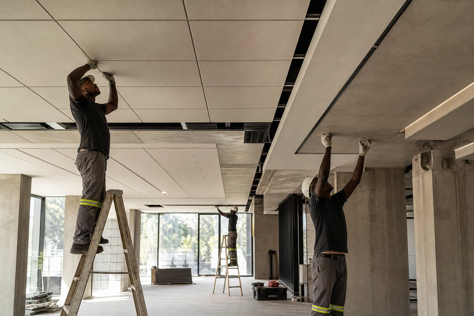 Professional team installing a coordinated suspended ceiling system
