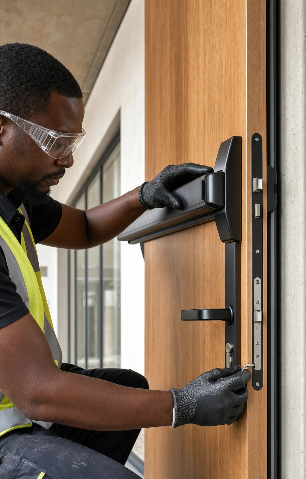 Professional technician installing commercial lock and pushbar hardware