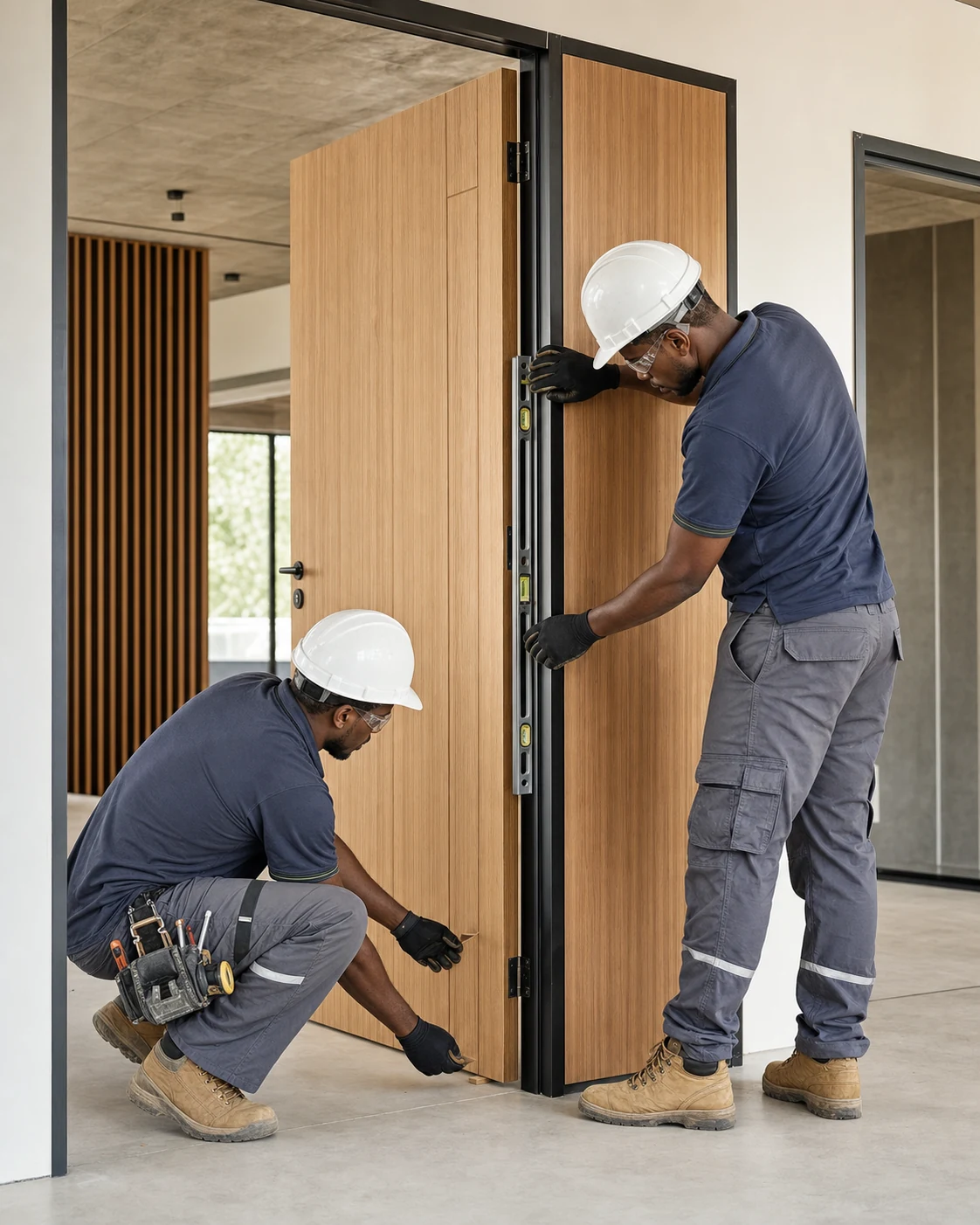 Professional technicians aligning and installing a commercial door