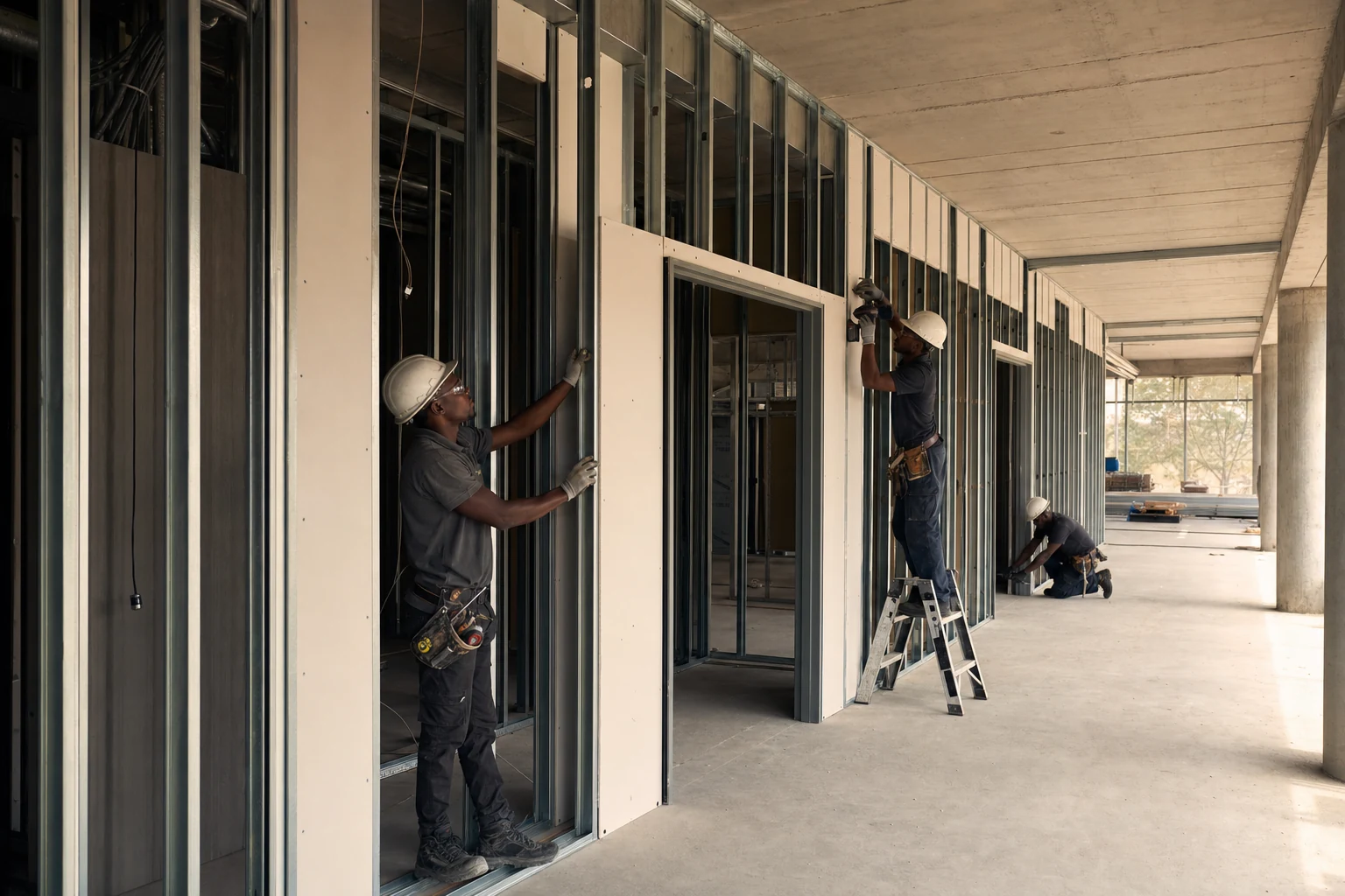 Professional team installing metal-stud drywall partitions