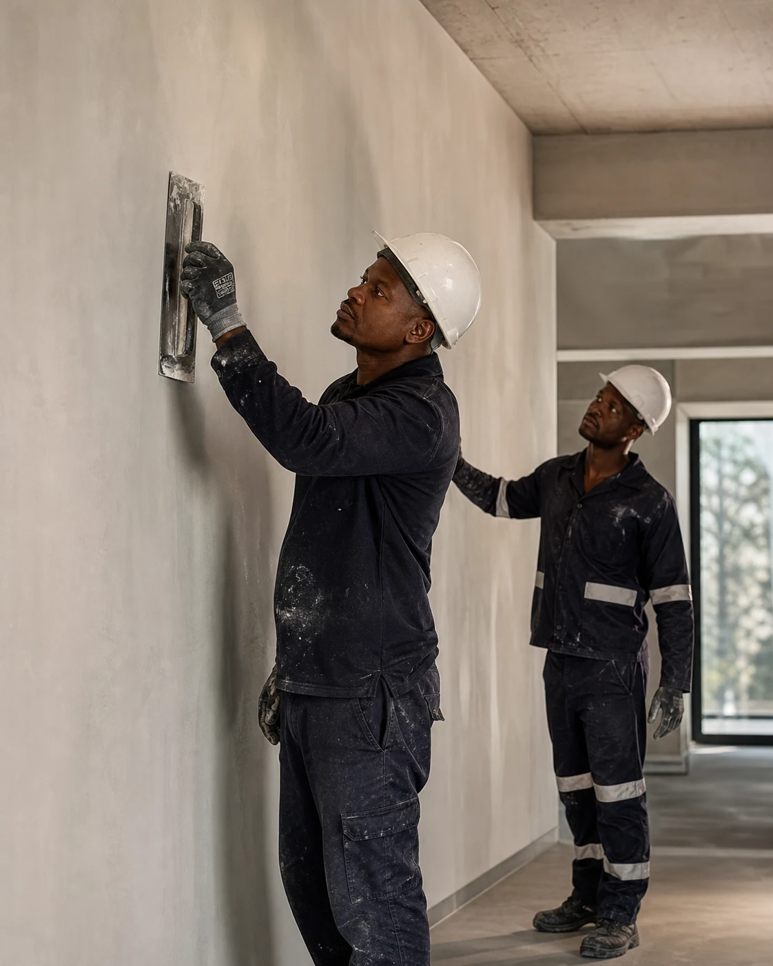 Professional applicator finishing a smooth gypsum plaster wall