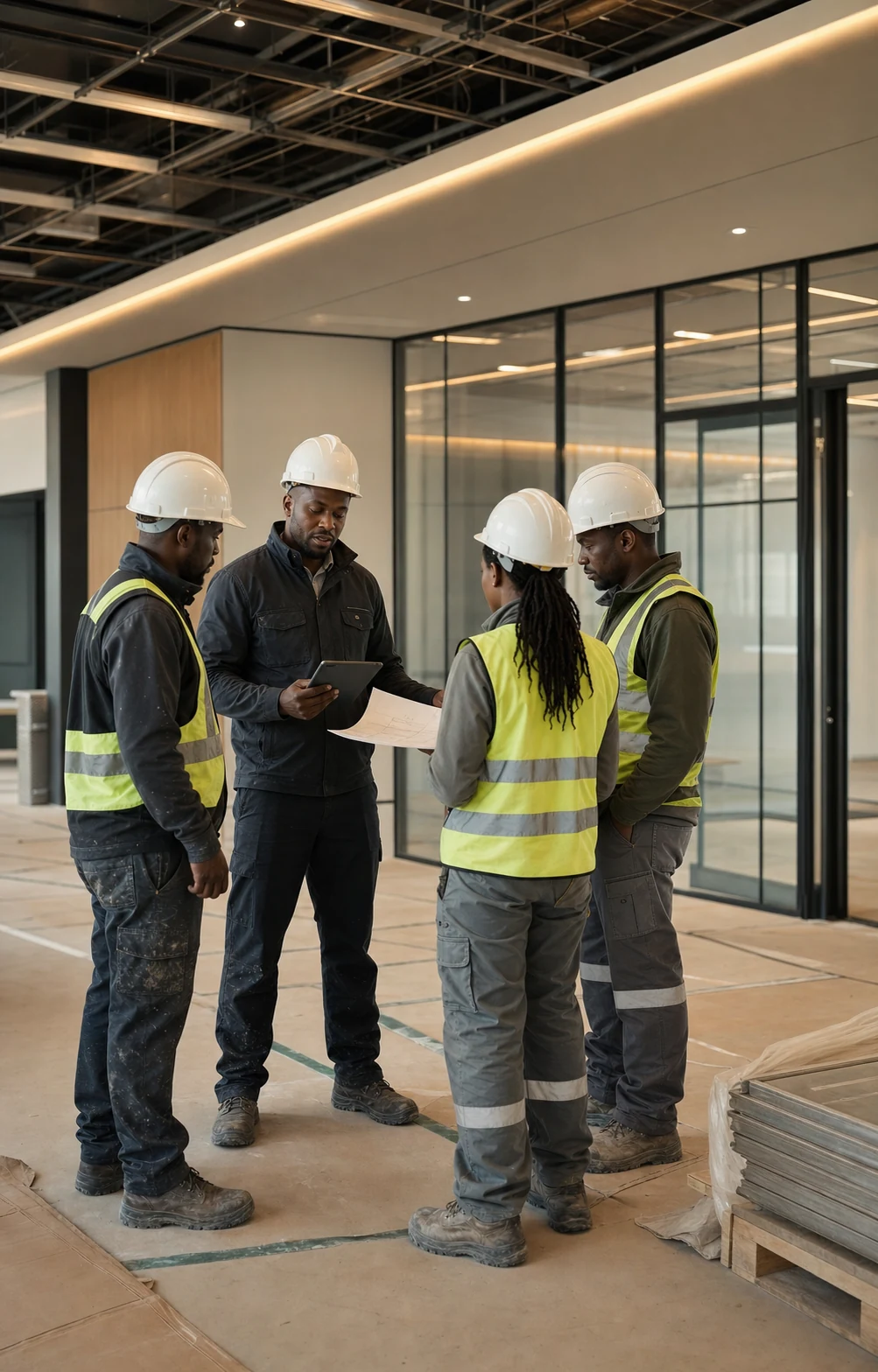 Construction project manager coordinating drawings with a professional site team