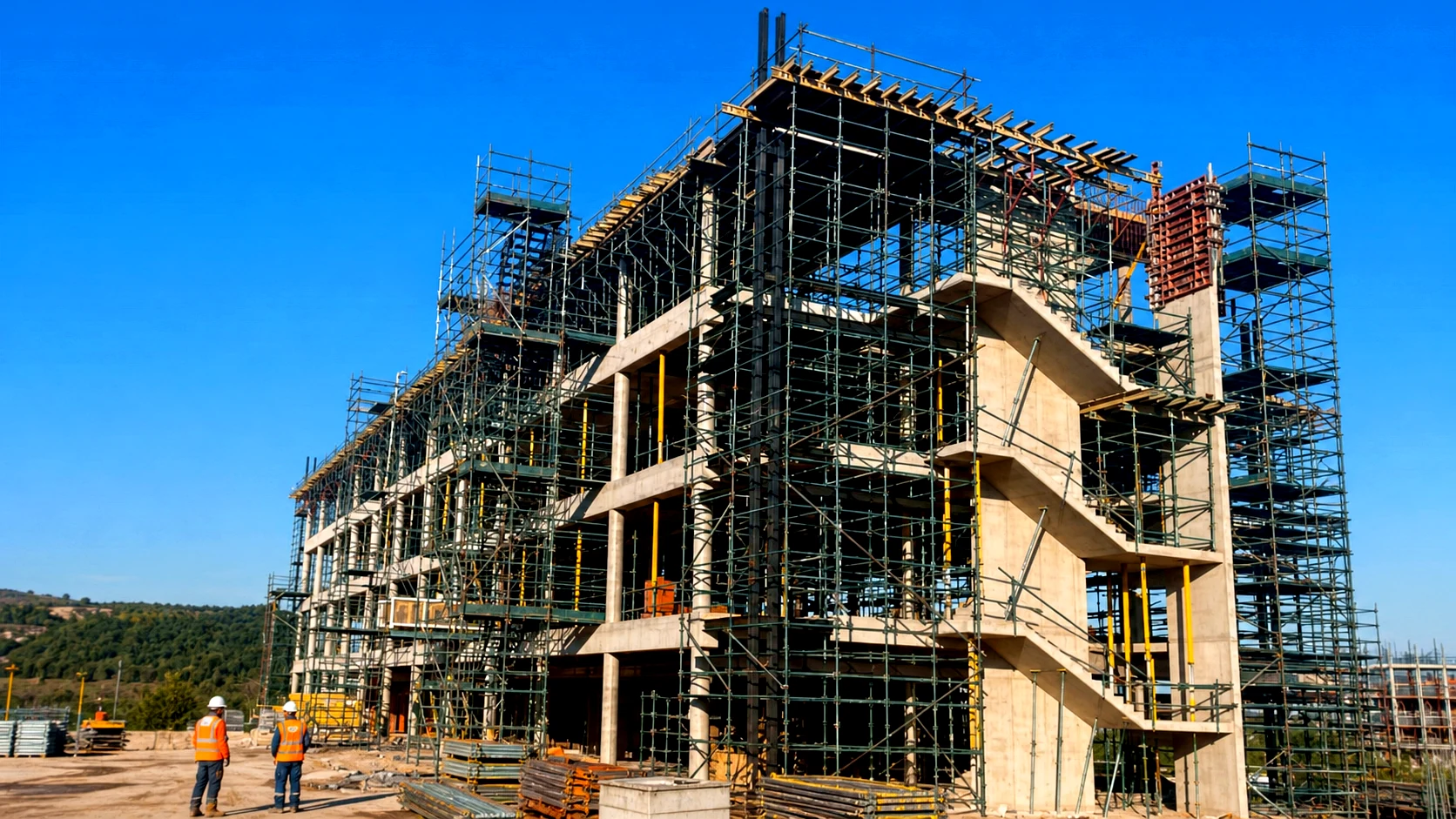 Multi-storey concrete structure and scaffolding under construction