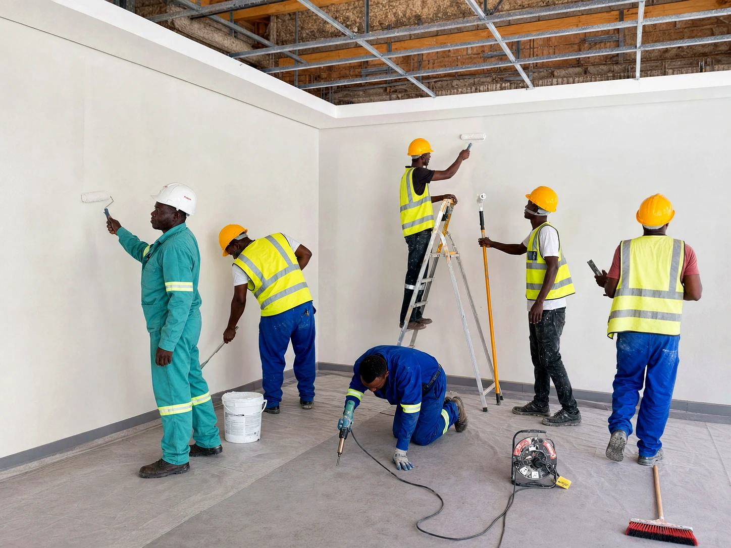 Construction team completing interior wall finishing
